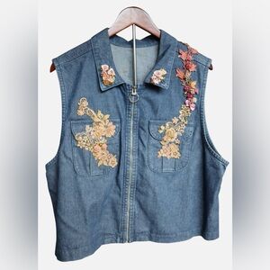 Womens Custom Floral Ribbon Rose Blue Denim Vest Zip Up Wearable Art Top Cottage